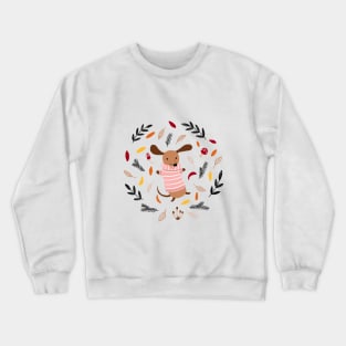 Cute Dachshund in Winter Sweater in Autumn Leaves Crewneck Sweatshirt